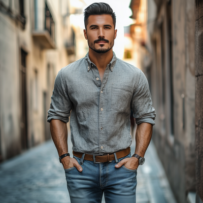 Bill | Men'S Casual Breathable Cotton Linen Lapel Patch Pocket Slim Fit Long Sleeve Shirt