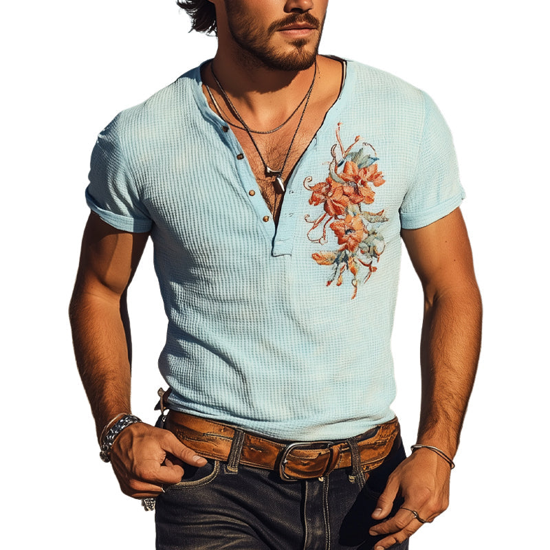 Ricardo | Men'S Waffle Henley Neck Embroidered Short Sleeve T-Shirt