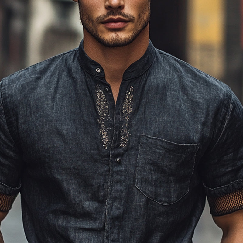 Ivan | Men'S Solid Color Embroidered Stand Collar Short Sleeve Shirt