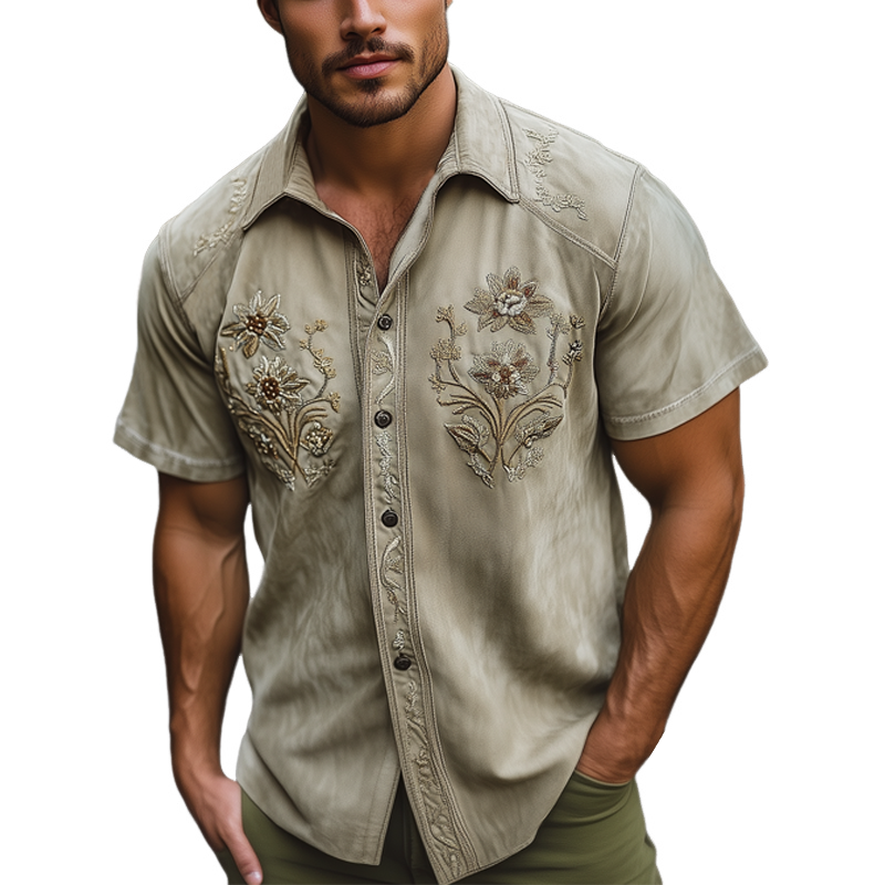 Federico | Men'S Summer Floral Embroidered Suede Short Sleeve Shirt