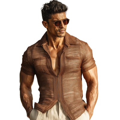 Wendell | Men'S Summer Fashion Zipper Mesh Short Sleeve Slim Shirt (With Lining)