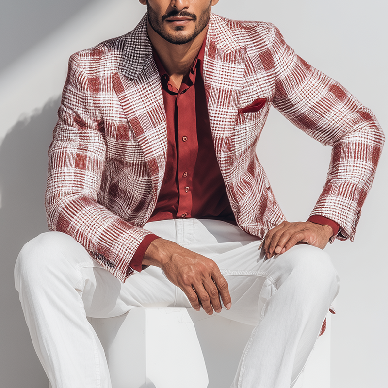 Wayne | Men'S Vintage Check Linen Blend Long Sleeve Blazer