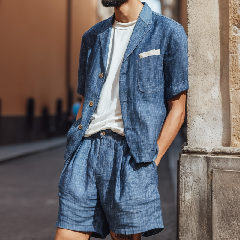 Dean | Men'S Casual Cotton Linen Notch Lapel Single-Breasted Short-Sleeved Shirt And Shorts Set (T-Shirts Excluded)