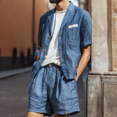 Dean | Men'S Casual Cotton Linen Notch Lapel Single-Breasted Short-Sleeved Shirt And Shorts Set (T-Shirts Excluded)