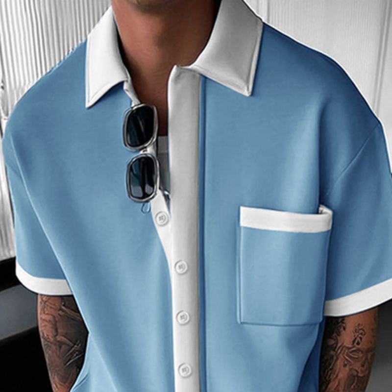 Gerardo | Men'S Casual Cotton Blended Colorblock Lapel Patch Pocket Loose Short Sleeve Shirt Elastic Waist Trousers Set