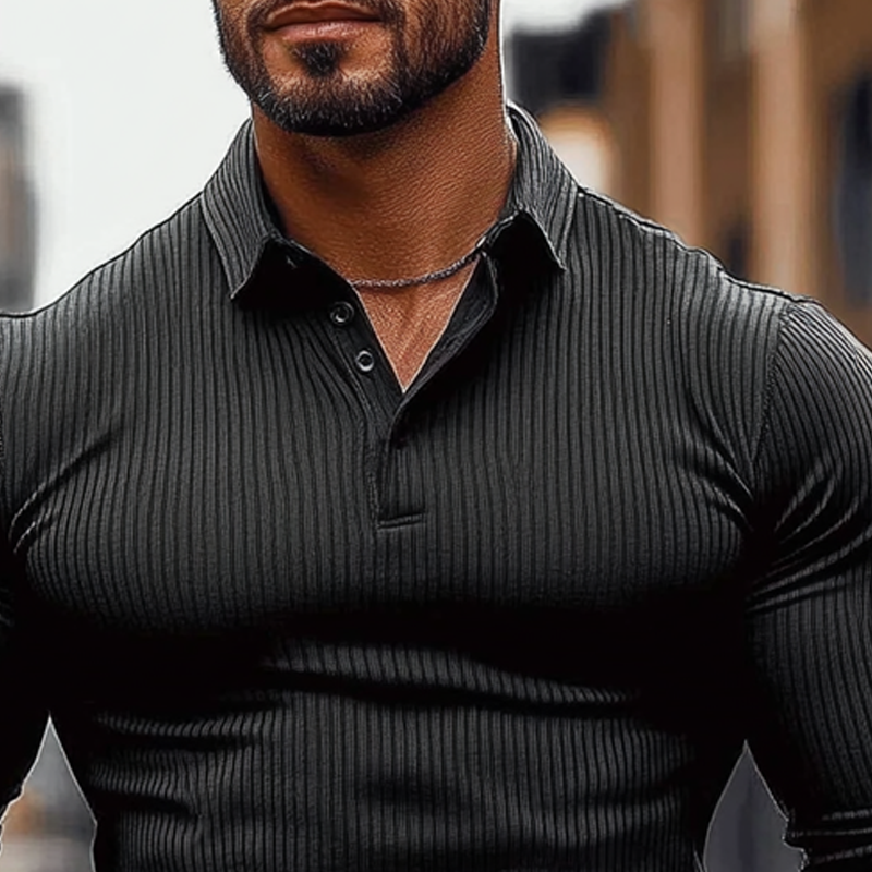 Men's Striped Textred Basic Elastic Long-sleeved POLO Shirt