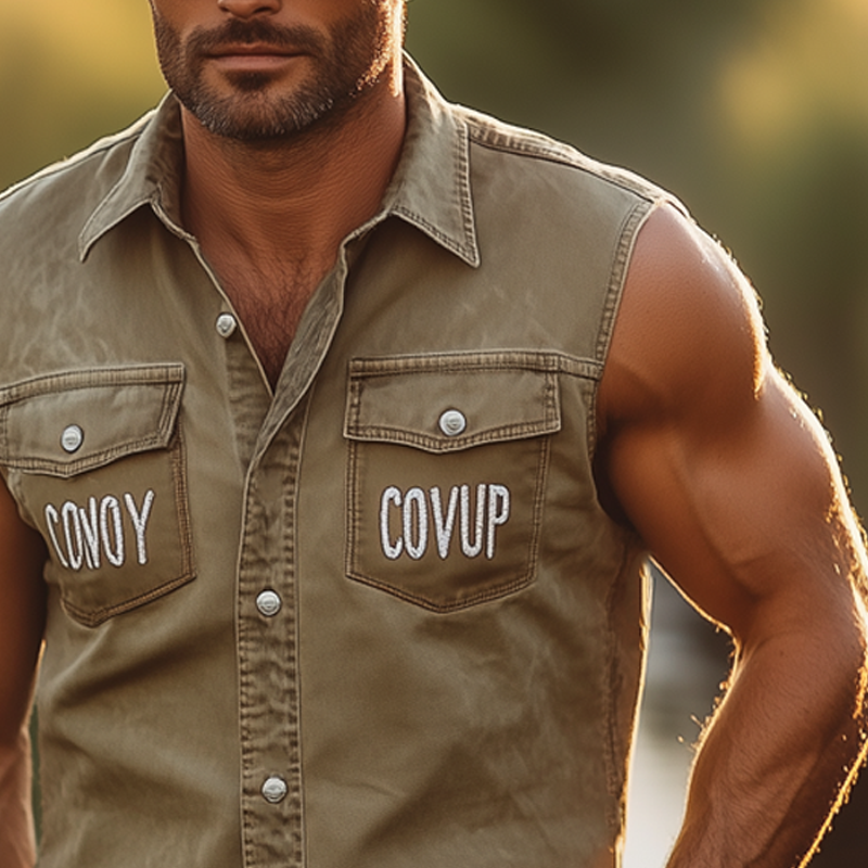 Marcus | Men'S Western Style Letter Embroidered Denim Sleeveless Shirt