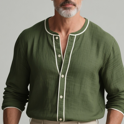 Jeremy | Men'S White Trim Round Neck Long Sleeve Cotton And Linen Shirt