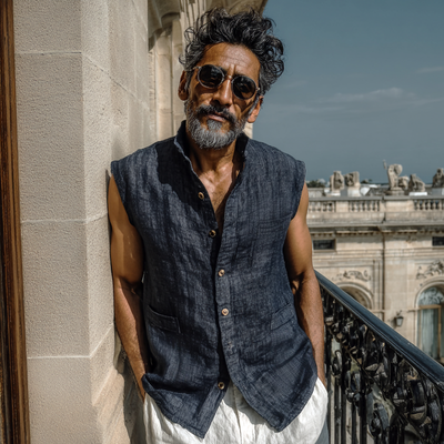 Preston | Men'S Casual Breathable Linen Stand Collar Single Breasted Multi-Patch Pocket Sleeveless Shirt