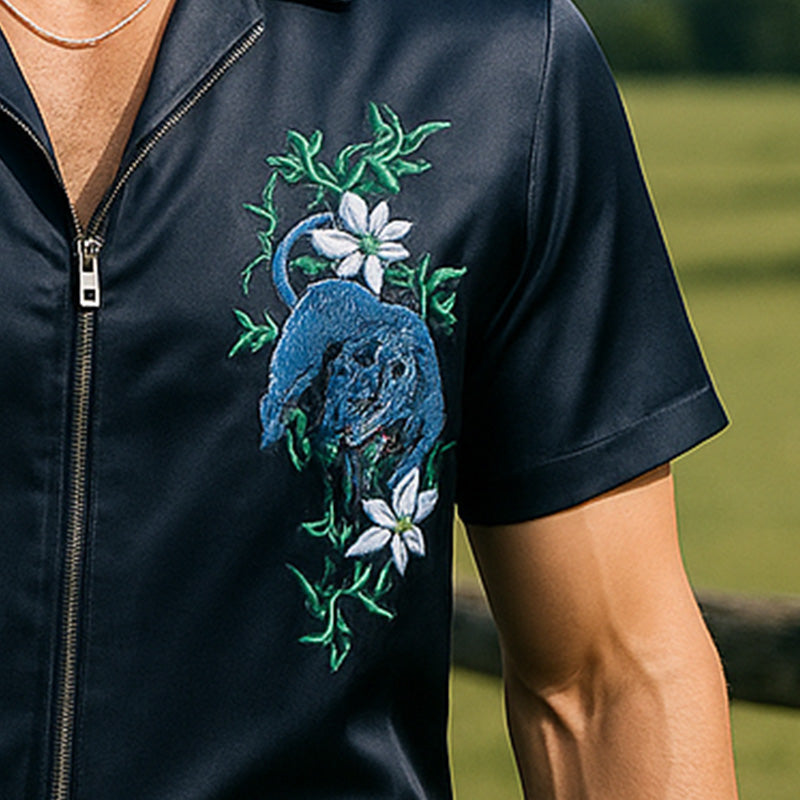 Jorge | Men'S Summer Fashion Satin Embroidery Short Sleeve Zipper Shirt