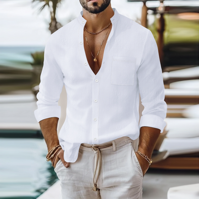 Rufus | Men'S Casual Breathable Solid Color Cotton Linen Stand-Up Collar Patch Pocket Slim Fit Long Sleeve Shirt