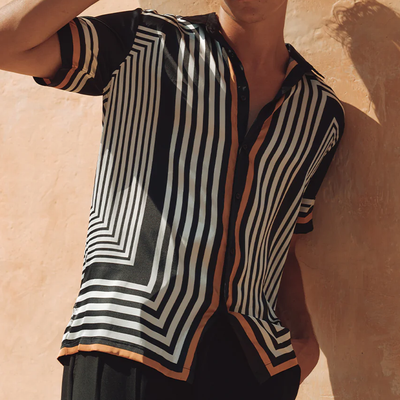 Christian | Men'S Retro Casual Contrast Stripe Printed Satin Short Sleeve Shirt
