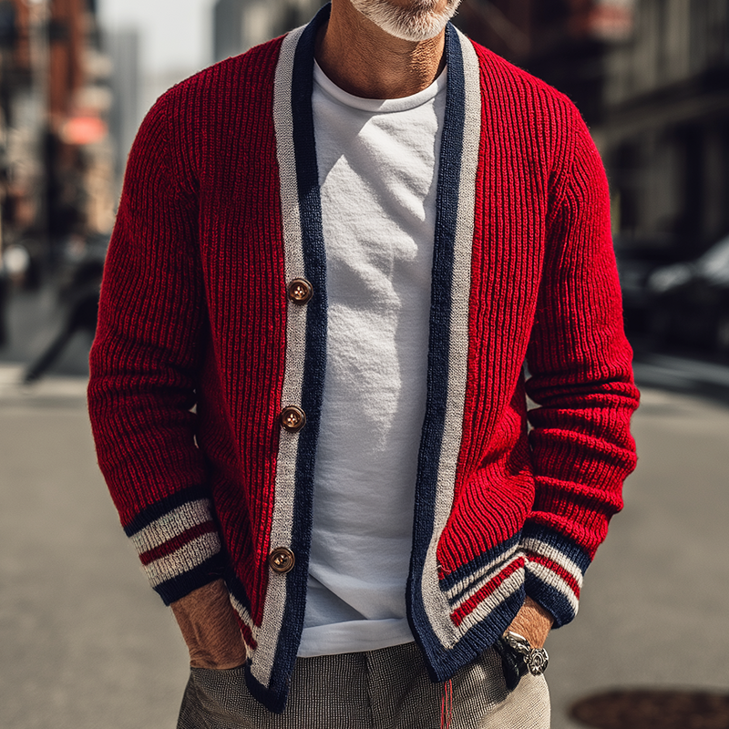 Men's Retro Casal Stripednit Btn Cardigan