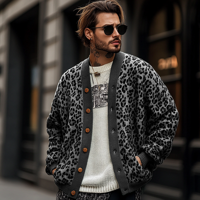 Men's Vintage Leopard Jacquard Colorblock Single Breasted Cardigan