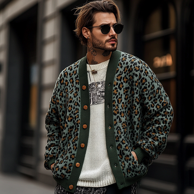 Men's Vintage Leopard Jacquard Colorblock Single Breasted Cardigan