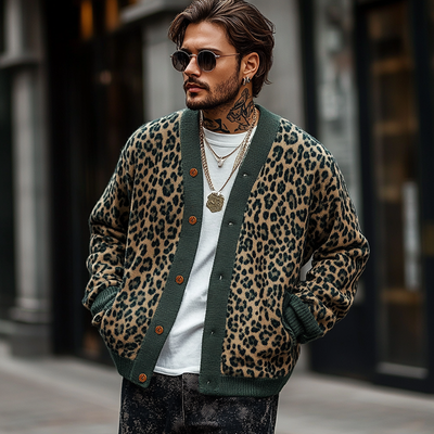 Men's Vintage Leopard Jacquard Colorblock Single Breasted Cardigan