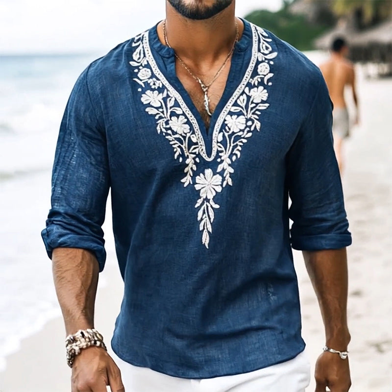 Men's Vine Casal Embroidered Cotn and Linen Henley Collar Long Sleeve Shirt