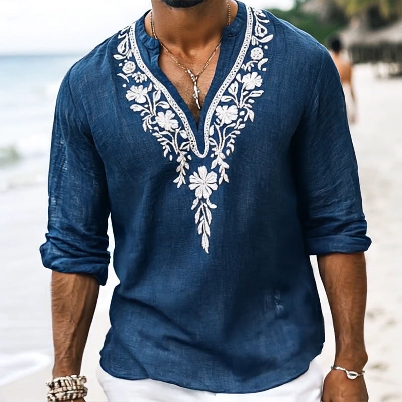 Men's Vine Casal Embroidered Cotn and Linen Henley Collar Long Sleeve Shirt