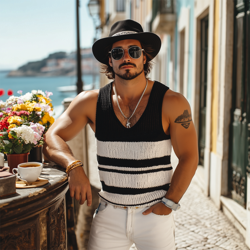 Michael | Men'S Summer Fashion Casual U-Neck Knitted Black And White Horizontal Striped Tank Top