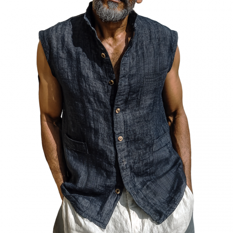 Preston | Men'S Casual Breathable Linen Stand Collar Single Breasted Multi-Patch Pocket Sleeveless Shirt