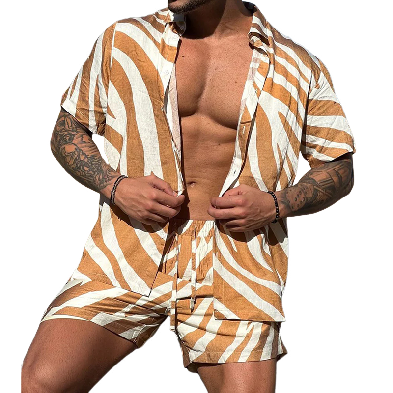 Drew | Men'S Spring And Summer Fashion Casual Zebra Stripe Printed Silk Cotton Short Sleeve Shirt Elastic Waist Shorts Set
