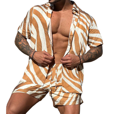 Drew | Men'S Spring And Summer Fashion Casual Zebra Stripe Printed Silk Cotton Short Sleeve Shirt Elastic Waist Shorts Set