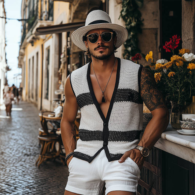 Martin | Men'S Summer Fashion Casual Black And White Horizontal Striped Deep V-Neck Knitted Vest
