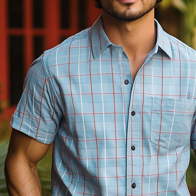 Stephen | Men'S Summer Basic Blue Plaid Short Sleeve Shirt