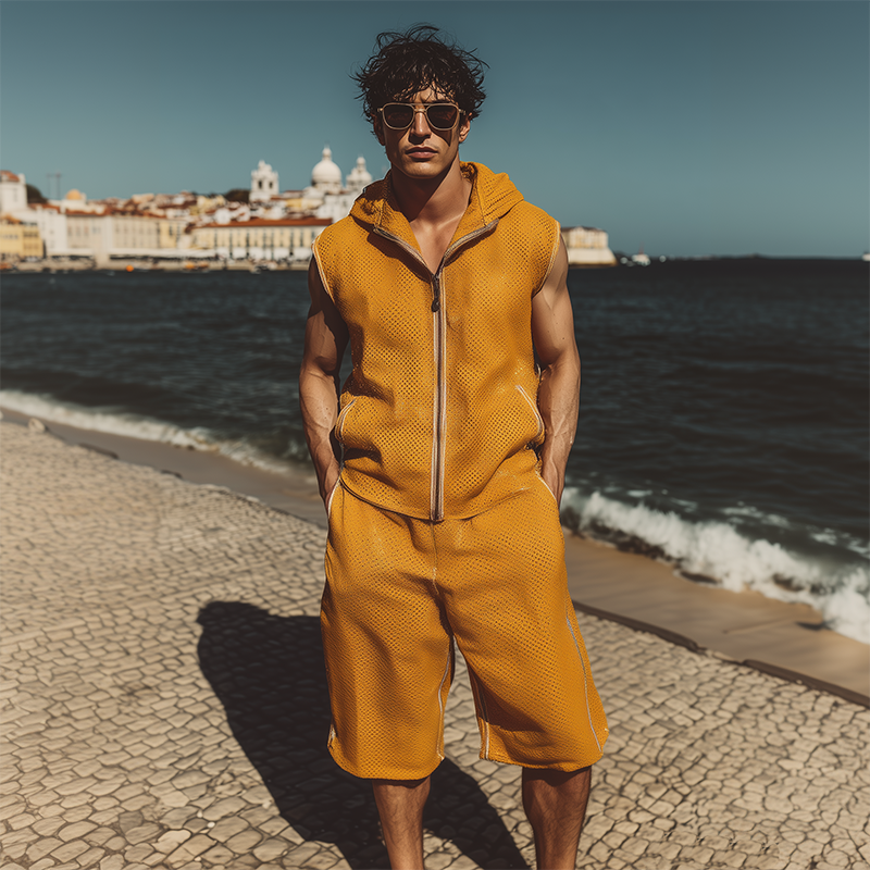 Mason | Men'S Spring Summer Fashion Casual Mesh Cloth Hooded Zipper Sleeveless Shirt Elastic Waist Length To Knee Shorts Set