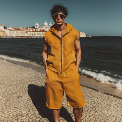 Mason | Men'S Spring Summer Fashion Casual Mesh Cloth Hooded Zipper Sleeveless Shirt Elastic Waist Length To Knee Shorts Set