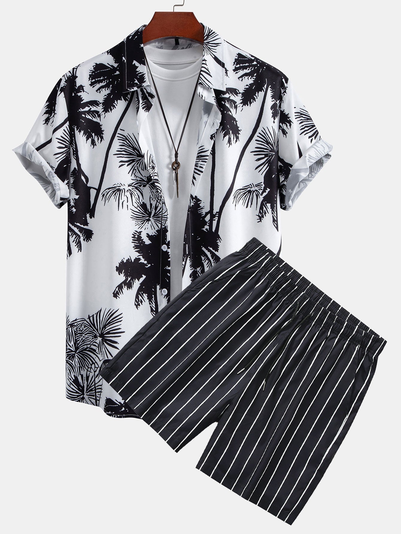 Genaro® | Palm Trees Print Button Up Shirt & Striped Swim Shorts