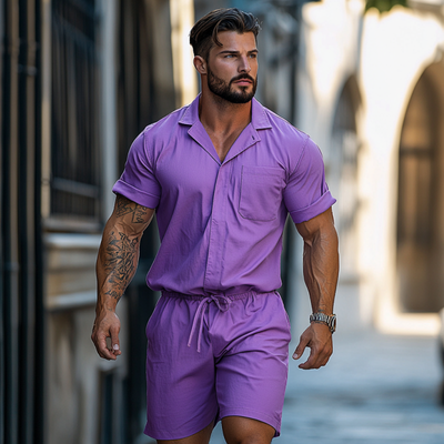 Colin | Men'S Casual Breathable Cotton Lapel Patch Pocket Slim Fit Short Sleeve Shorts Jumpsuit