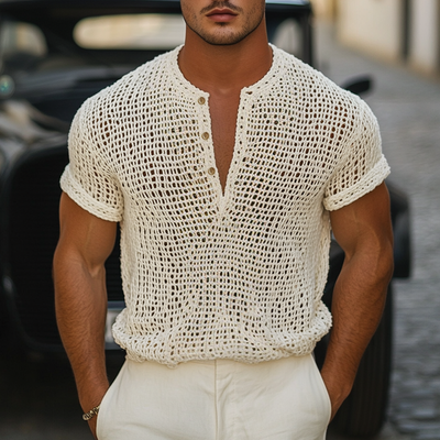 Mauricio | Men'S Solid Knit Hollow Henley Collar Short Sleeve T-Shirt