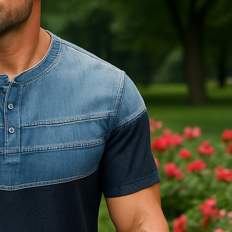 Richard | Men'S Summer Fashion Denim Sports Fabric Patchwork Short Sleeve Henley Shirt