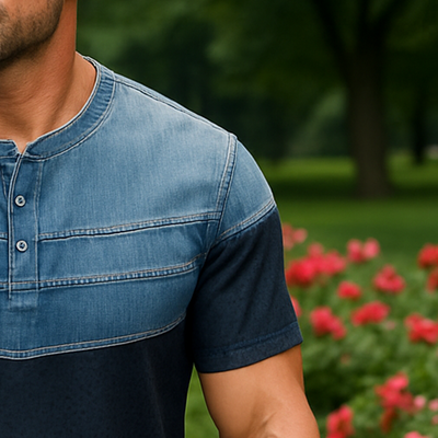 Richard | Men'S Summer Fashion Denim Sports Fabric Patchwork Short Sleeve Henley Shirt