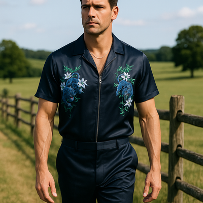 Jorge | Men'S Summer Fashion Satin Embroidery Short Sleeve Zipper Shirt