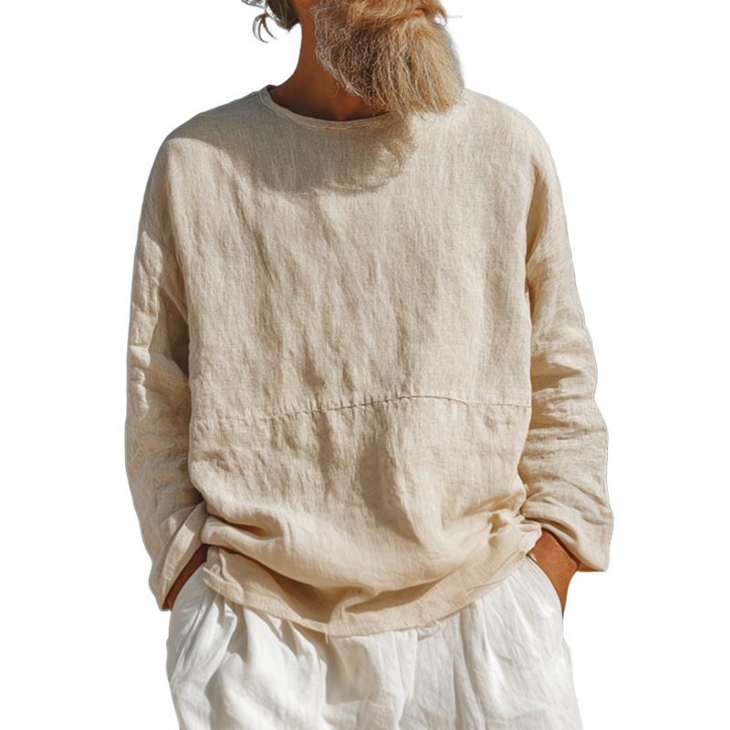 Theo | Men'S Casual Breathable Cotton Linen Round Neck Loose Long-Sleeved T-Shirt