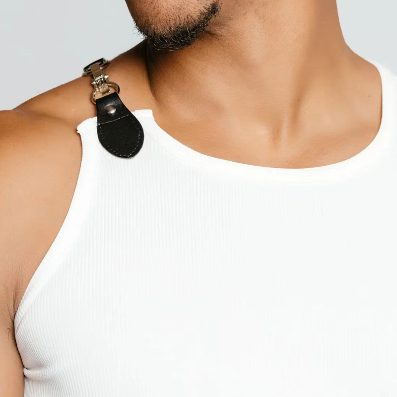 Guy | Men'S Slim Fit Round Neck Leather Button Tank Tops