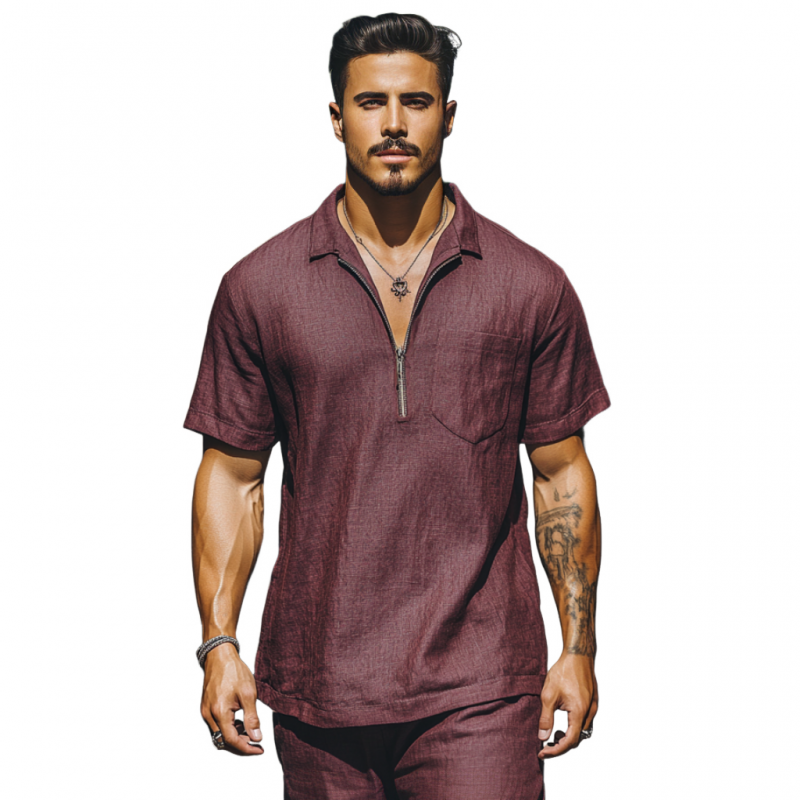 Hector | Men'S Casual Breathable Linen Zipper Lapel Patch Pocket Loose Short Sleeve Polo Shirt