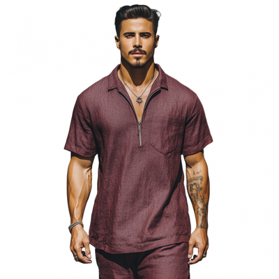 Hector | Men'S Casual Breathable Linen Zipper Lapel Patch Pocket Loose Short Sleeve Polo Shirt