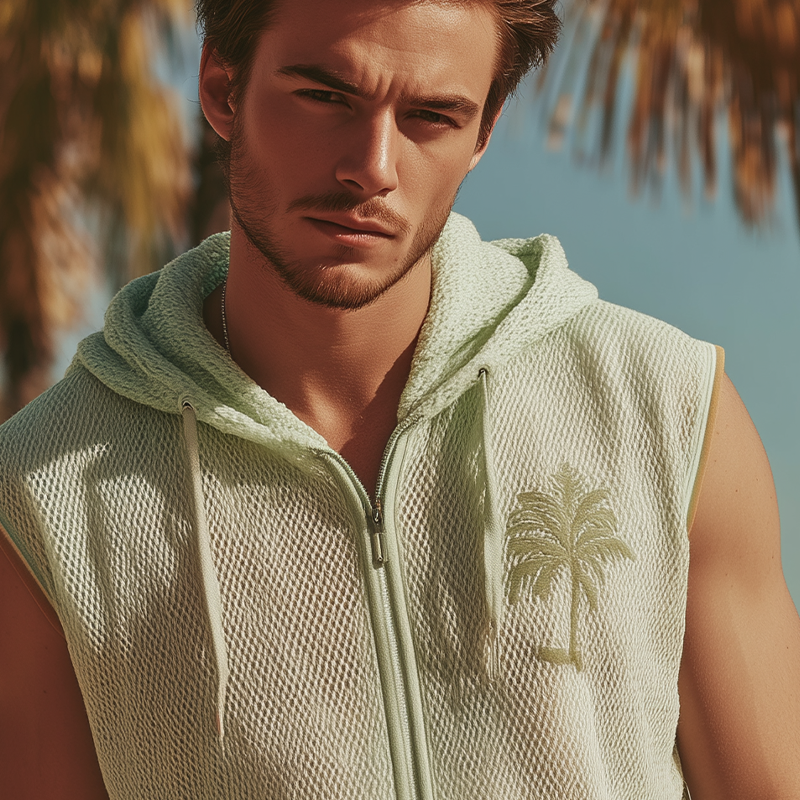 Monty | Men'S Spring And Summer Fashion Casual Mesh Embroidery Hooded Zipper Sleeveless Shirt