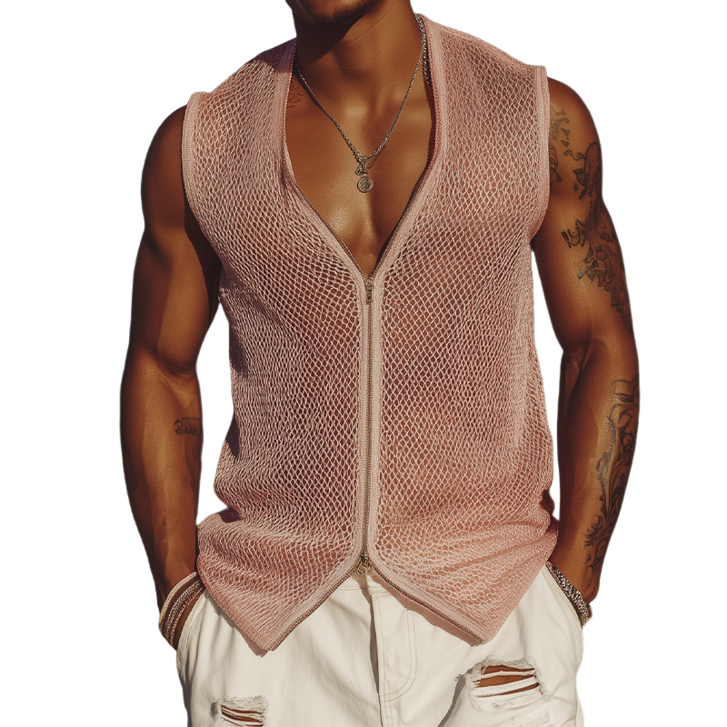 Milo | Men'S Spring And Summer Fashion Casual Mesh Slim Zipper Deep V Neck Sleeveless Shirt