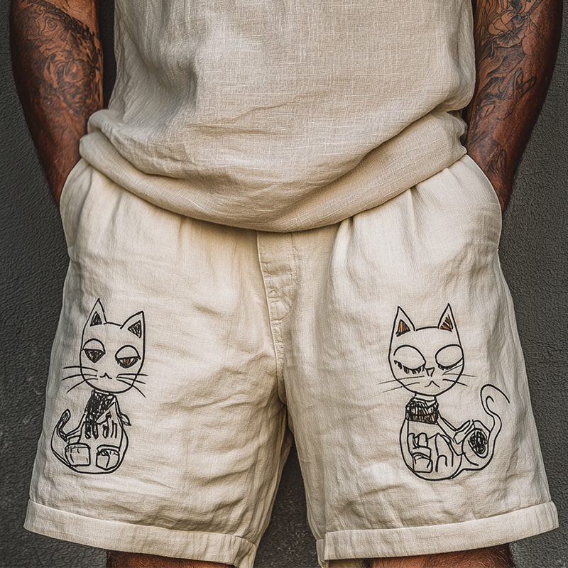 Nicholas | Men'S Summer Fashion Cat Print Linen Blend Casual Shorts