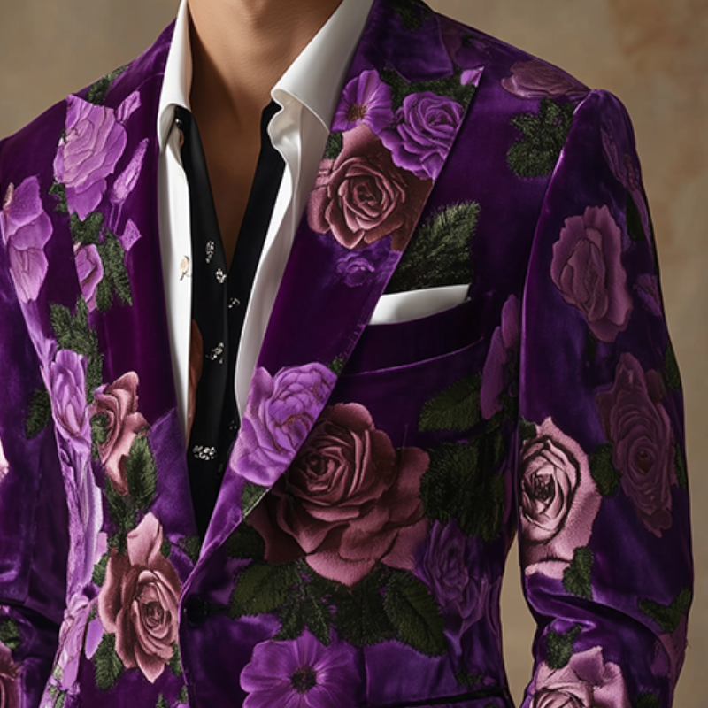 John | Men'S Vintage Velvet Large Flower Print Casual Single Breasted Blazer
