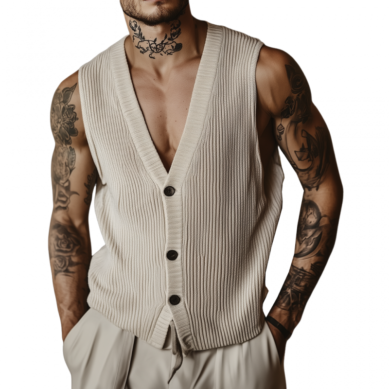 Dan | Men'S Casual Breathable Cotton Blended V-Neck Single-Breasted Loose Knitted Vest