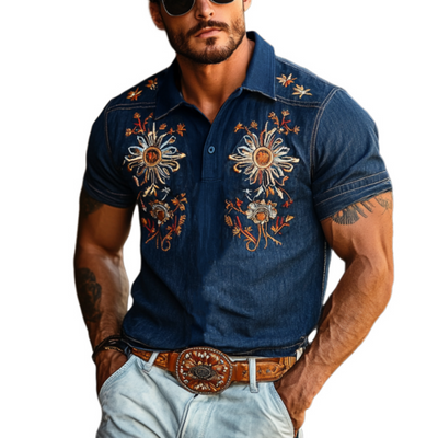 Pat | Men'S Western Style Embroidered Denim Short Sleeve Polo Shirt