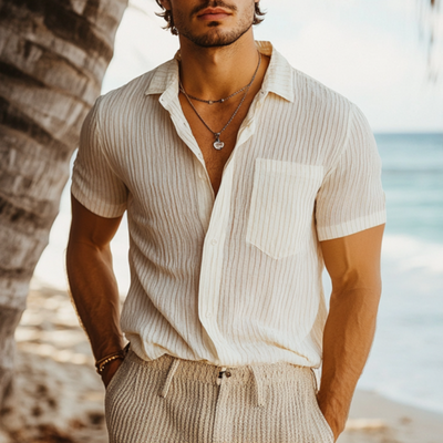 Benito | Men'S Casual Breathable Linen Striped Lapel Patch Pocket Slim Fit Short Sleeve Shirt