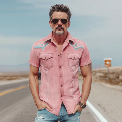 Victor | Men'S Spring And Summer Fashion Casual Thin Suede Embroidered Slim Short Sleeve Shirt