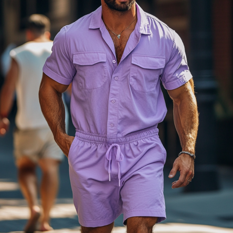 Connor | Men'S Casual Breathable Cotton Lapel Chest Pocket Short Sleeve Elastic Waist Shorts Jumpsuit