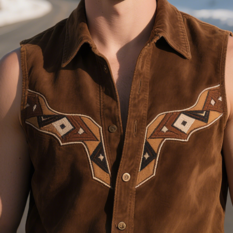 Terence | Men'S Vintage Casual Western Suede Geometric Embroidery Lapel Sleeveless Shirt